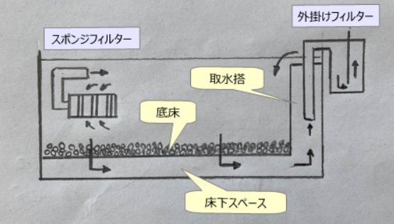 自作の底面ろ過フィルターを備えた新金魚水槽概略図