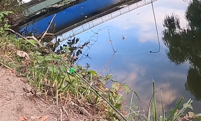 多摩川拝島橋上流のジャリ穴で道具を片付け中に投入していた吸い込み仕掛けにアタリがあった