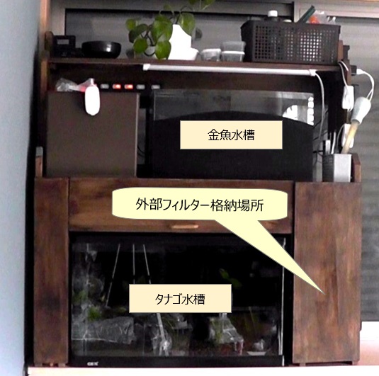 水槽の外部フィルターを自作の台で隠れるように格納する